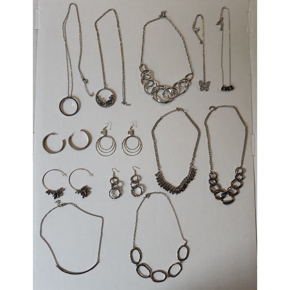 13-Piece Silver Tone Jewelry Mega Bundle Modern Statement Necklaces & Earrings
